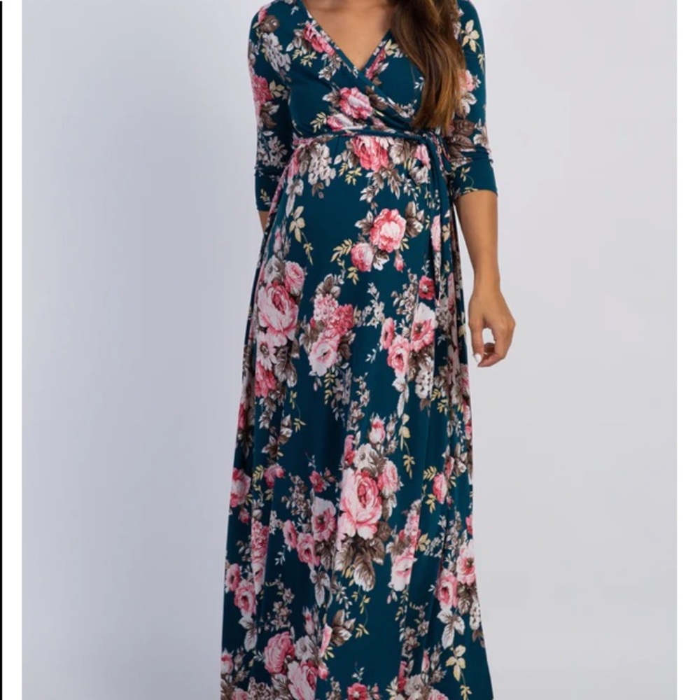 Pink blush teal floral wrap maternity dress m